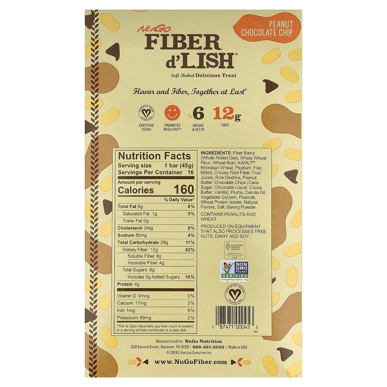 NuGo Nutrition, Fiber d'Lish®, арахис и шоколадная крошка, 16 батончиков по 45 г (1,6 унции)