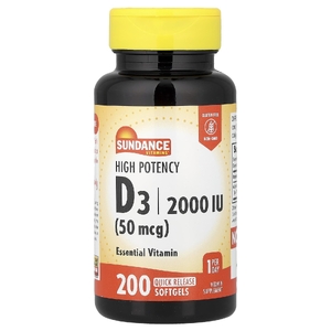 Sundance Vitamins, витамин D3, высокоэффективный, 50 мкг (2000 МЕ), 200 капсул с быстрым высвобождением