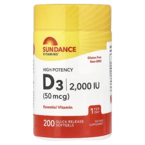 Sundance Vitamins, Высокоэффективный витамин D3, 50 мкг (2000 МЕ), 200 капсул быстрого высвобождения