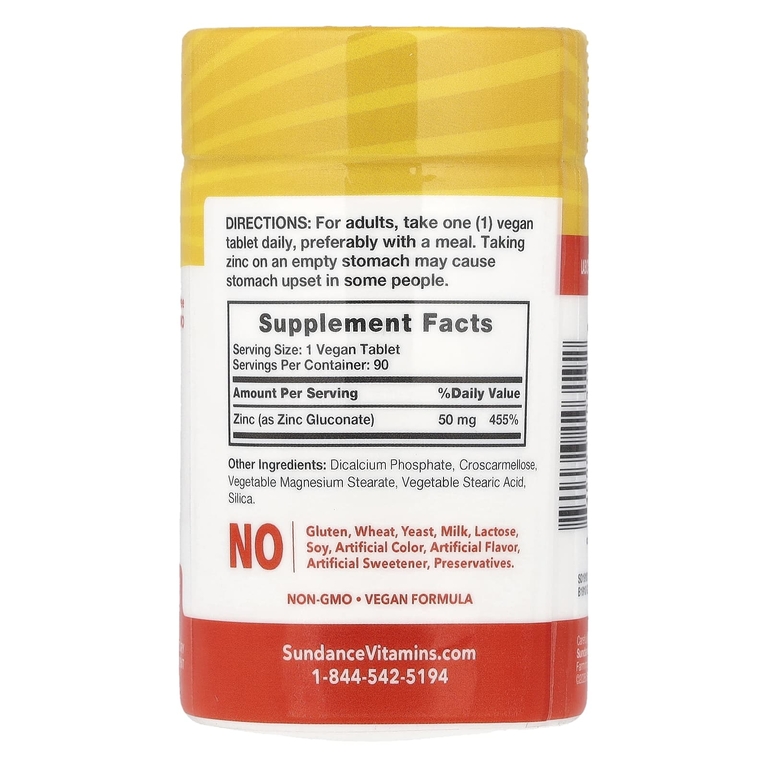 Sundance Vitamins, Глюконат цинка в хелатной форме, 50 мг, 90 веганских таблеток