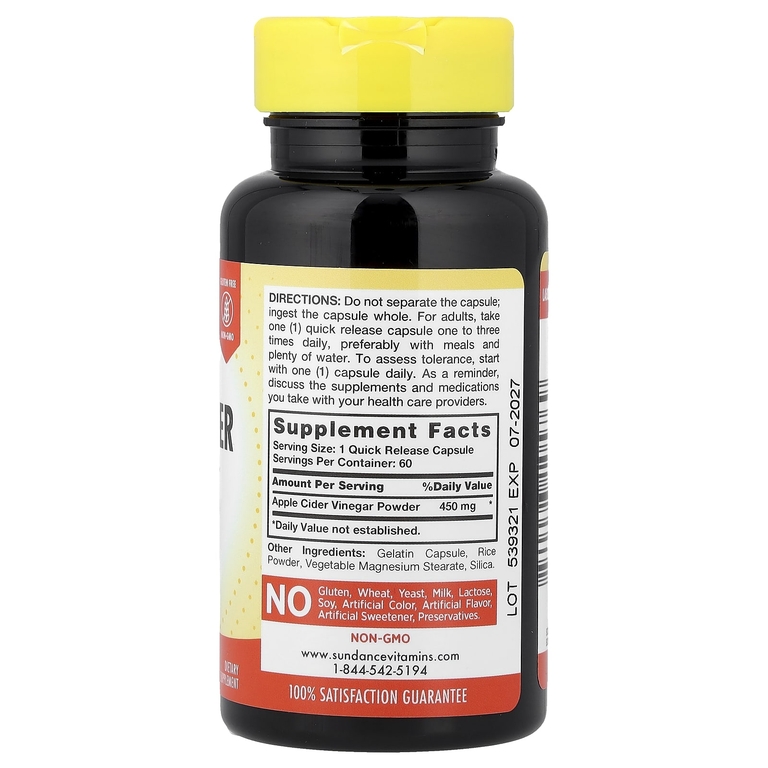 Sundance Vitamins, Яблочный уксус, 450 мг, 60 капсул быстрого действия