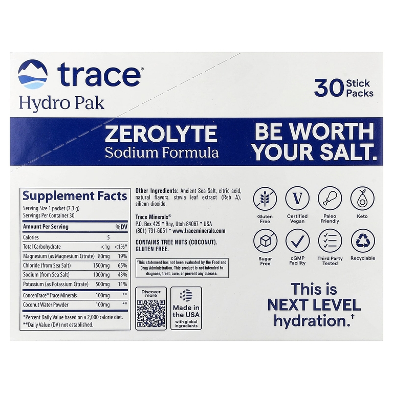 Trace, Hydro Pak, ZeroLyte, формула с натрием, соленый арбуз, 30 пакетиков по 7,3 г