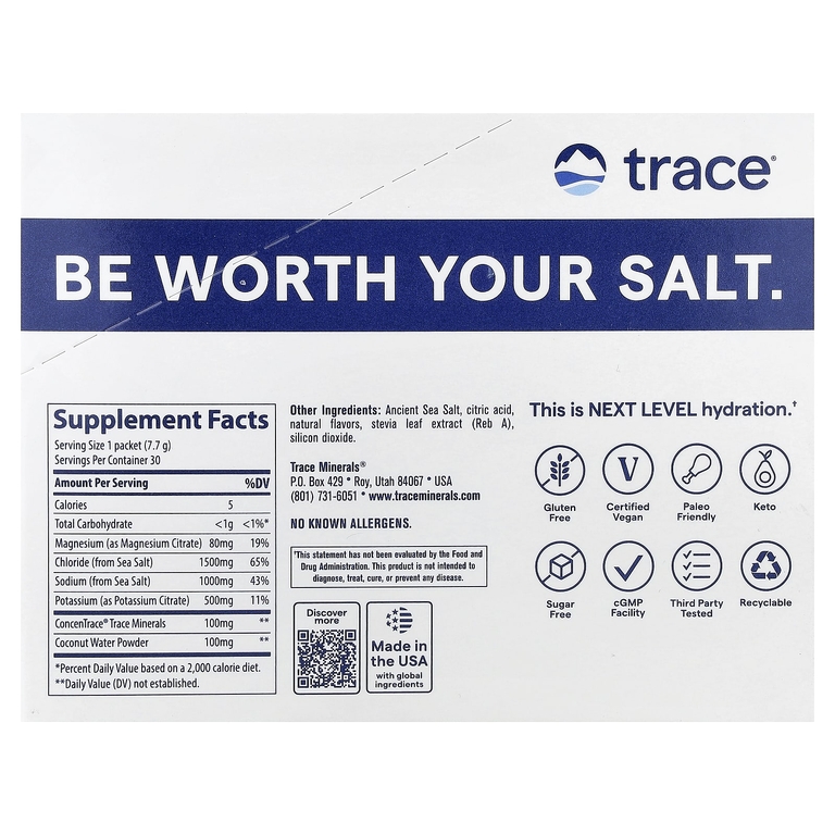 Trace, ZEROLyte, электролиты и кокосовая вода, со вкусом соленого цитруса, 30 пакетиков по 7,7 г (0,27 унции)