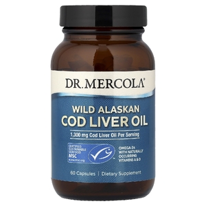 Dr. Mercola, жир печени дикой аляскинской трески, 60 капсул (650 мг в 1 капсуле)
