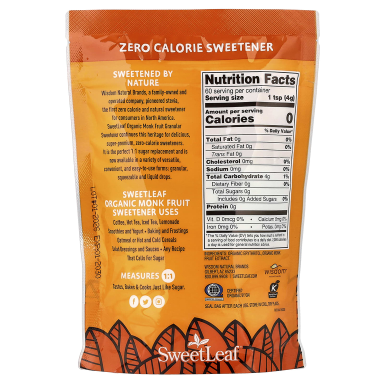 SweetLeaf Stevia, Органический подсластитель Monk Fruit, гранулированный, 240 г (8,47 унции)