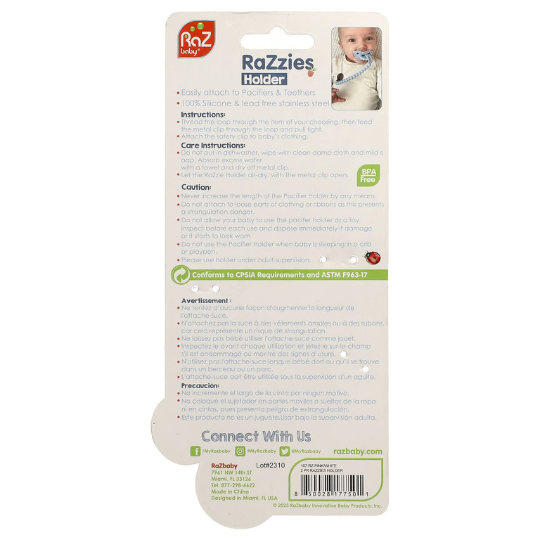 RaZbaby, RaZzies, держатель для пустышки, от 0 месяцев, розовый / бежевый``, 2 держателя (Товар снят с продажи) 