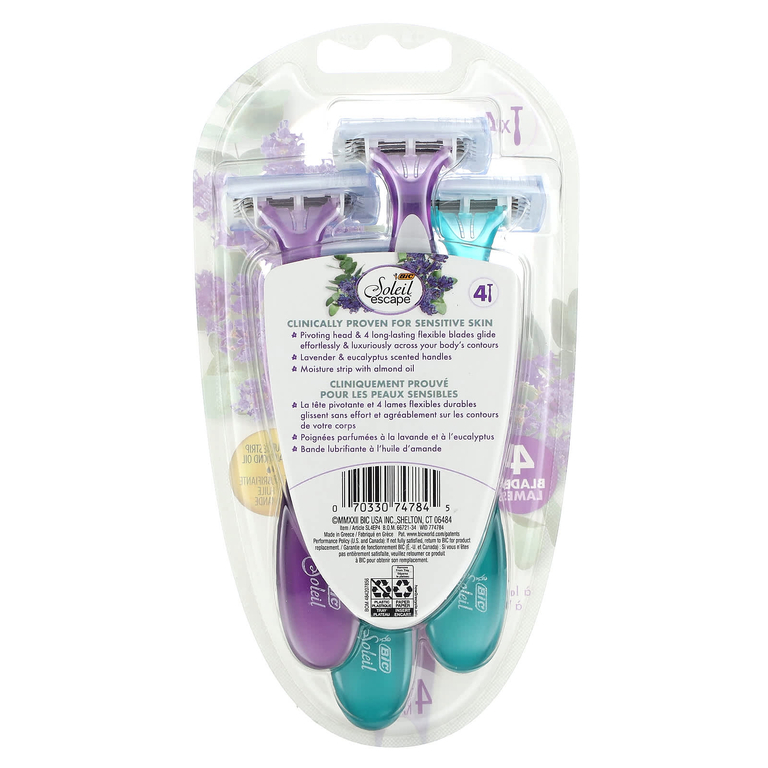 BIC, Soleil Escape, одноразовые бритвенные станки для женщин, лаванда и эвкалипт, 4 шт.