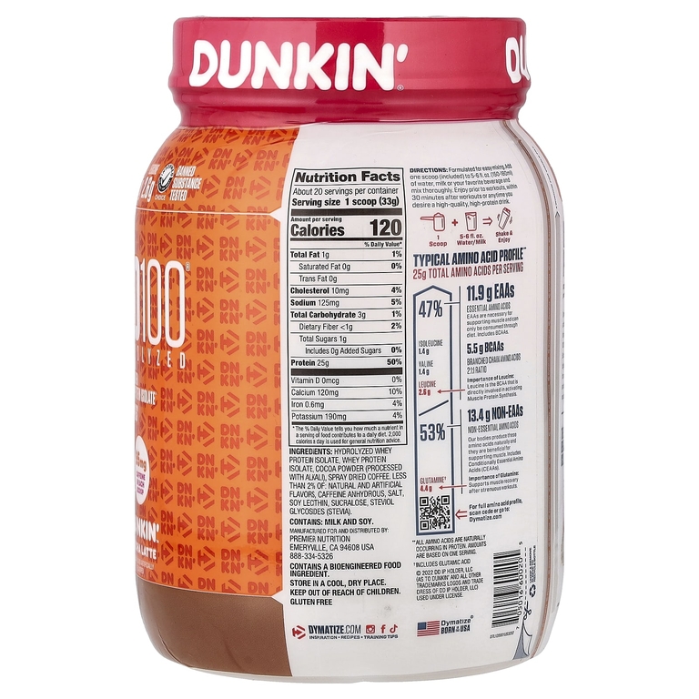 Dymatize, ISO100®, гидролизованный 100% изолят сывороточного протеина, Dunkin', мокко латте, 660 г (1,45 фунта)