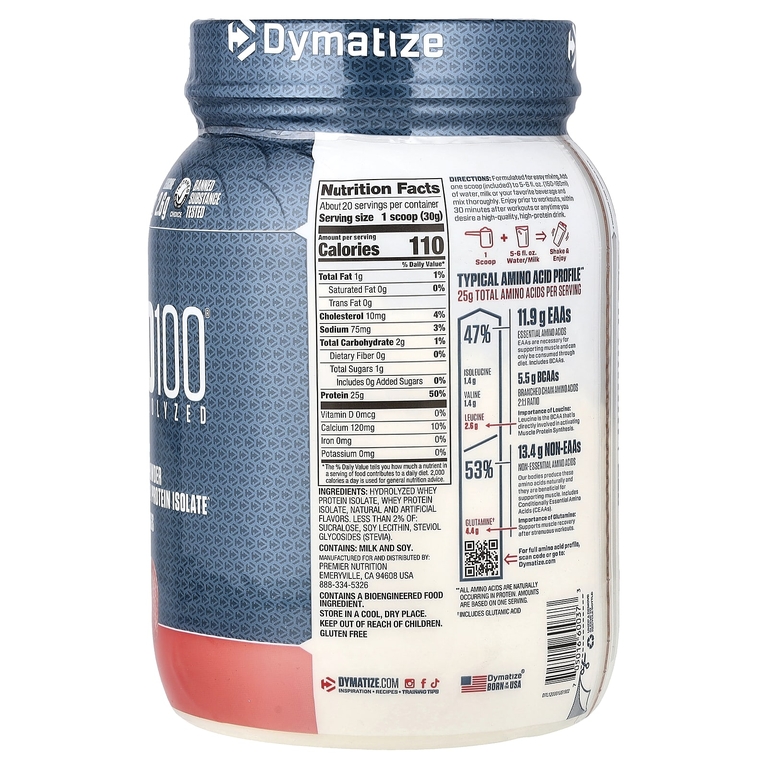 Dymatize, ISO100®, гидролизованный, 100% изолят сывороточного протеина, со вкусом клубники, 610 г (1,34 фунта)