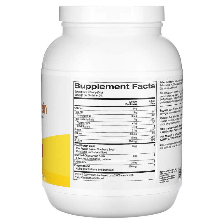 Super Nutrition, растительный протеин с изолятом горохового протеина, BCAA, семенами клюквы, чиа и инка инчи, ваниль, 1020 г (2,2 фунта) (Товар снят с продажи) 