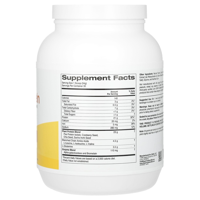 Super Nutrition, растительный протеин с изолятом горохового протеина, BCAA, семенами клюквы, чиа и инка инчи, шоколад, 1020 г (2,2 фунта) (Товар снят с продажи) 