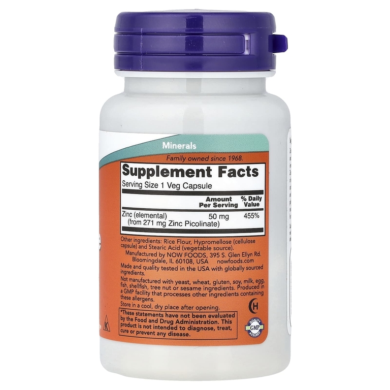 NOW Foods, Пиколинат цинка, 50 мг, 30 растительных капсул