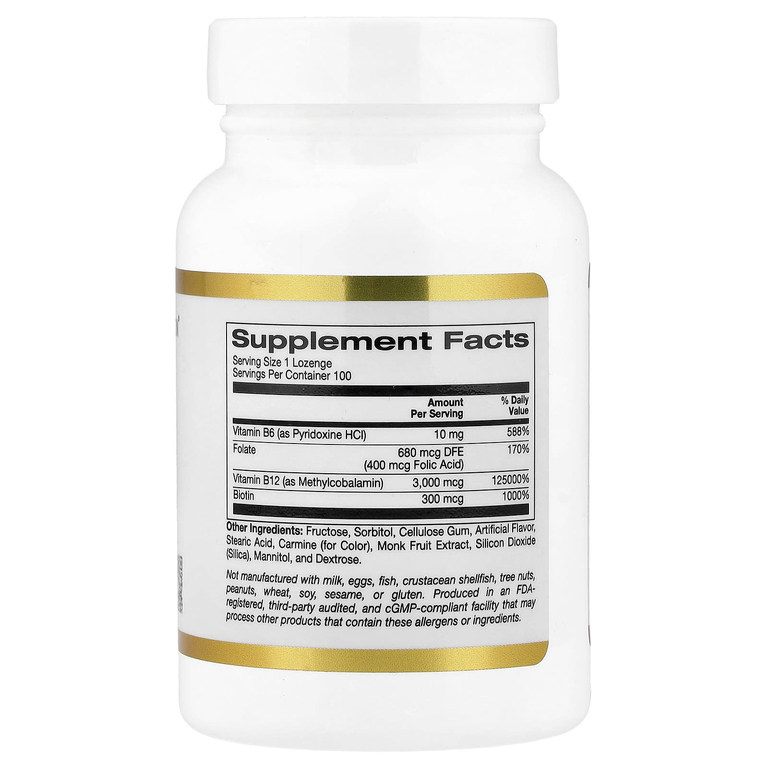 California Gold Nutrition, комплекс с метилом и витамином B12 с фолатом, биотином и витамином B6, со вкусом вишни, 100 пастилок