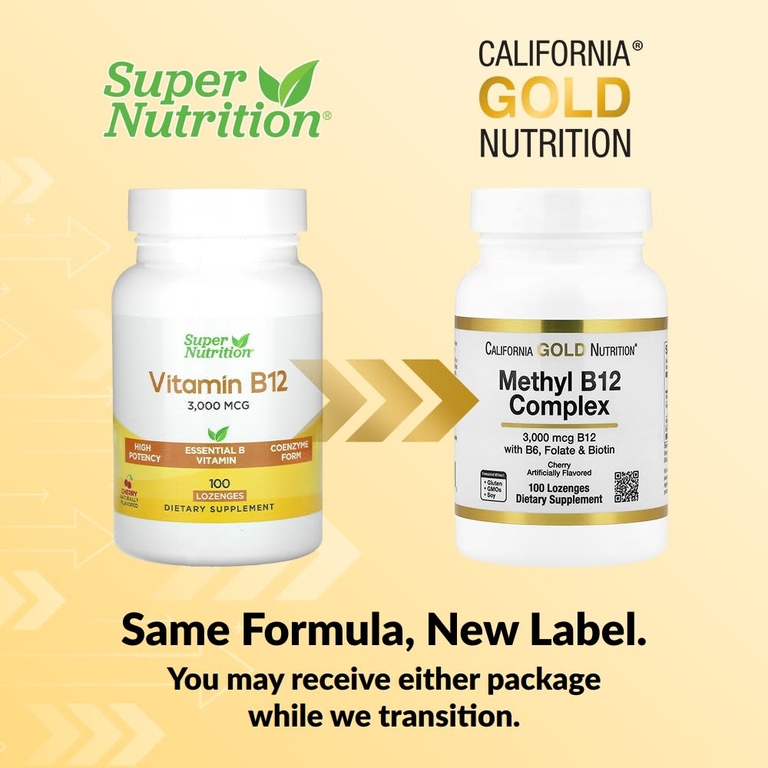 California Gold Nutrition, комплекс с метилом и витамином B12 с фолатом, биотином и витамином B6, со вкусом вишни, 100 пастилок
