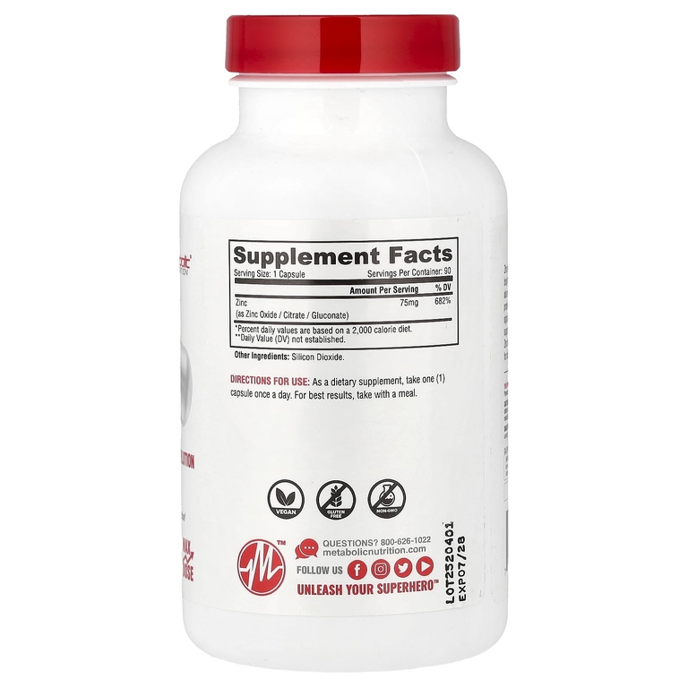 Metabolic Nutrition, Цинк, 75 мг, 90 капсул
