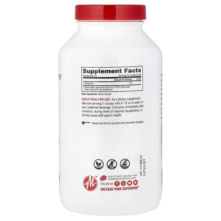Metabolic Nutrition, L-глютамин, без добавок, 300 г (10,58 унции)
