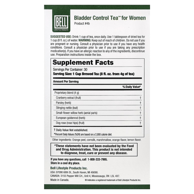 Bell Lifestyle, Bladder Control Tea™, для женщин, без кофеина, 120 г (4,2 унции)
