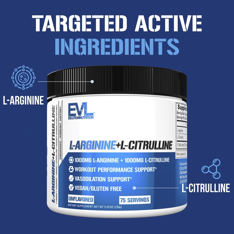 EVLution Nutrition, L-аргинин + l-цитруллин, без добавок, 150 г (5,29 унции)