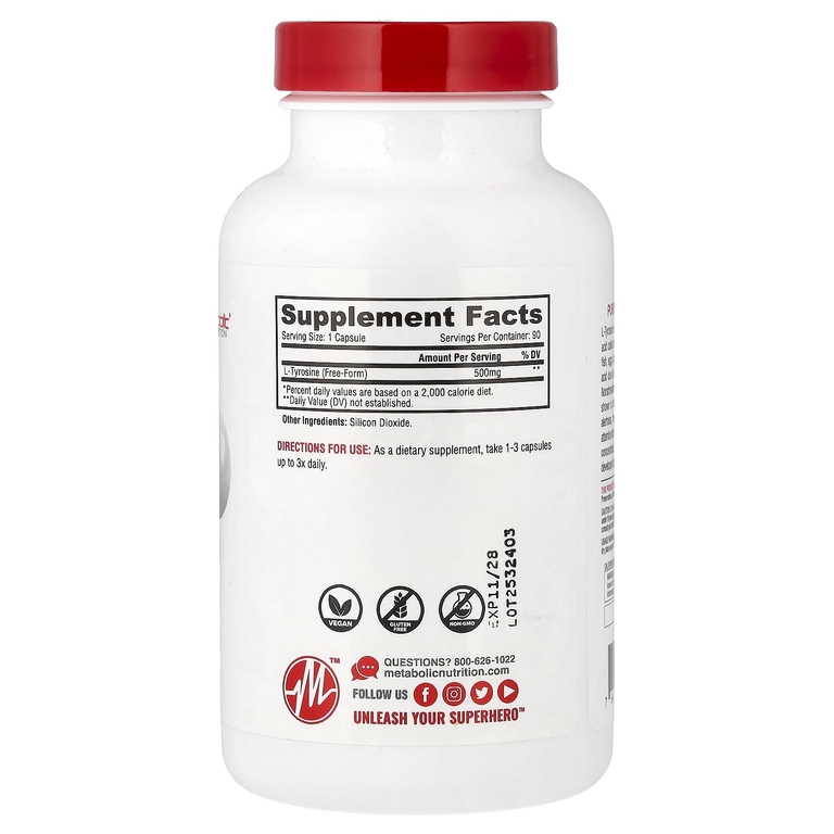Metabolic Nutrition, L-тирозин, 90 мг, 500 вегетарианских капсул (500 мг в 1 капсуле)