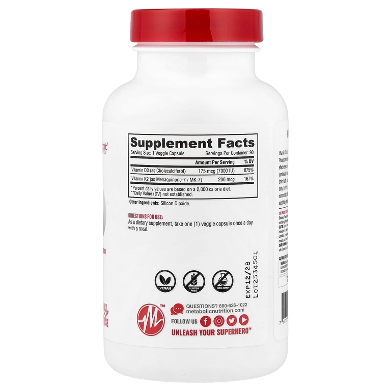 Metabolic Nutrition, витамины D3 и K2, 90 капсул