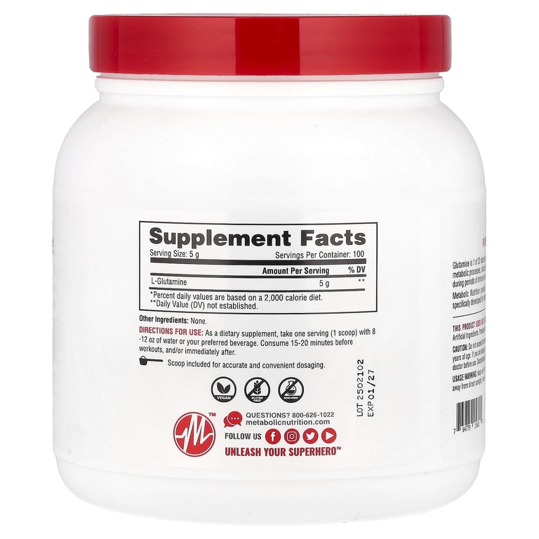 Metabolic Nutrition, L-глютамин, без добавок, 500 г (17,64 унции)