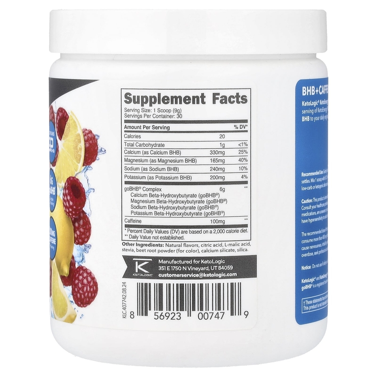 KetoLogic, Keto Energy, BHB с кофеином, со вкусом малинового лимонада, 270 г (9,6 унции)