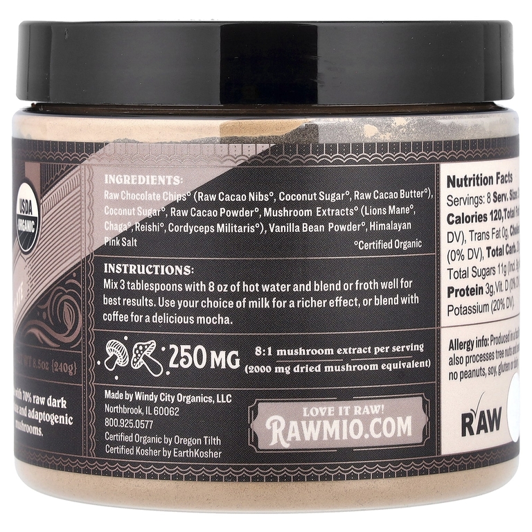 Rawmio, горячий шоколад с грибами, классическое какао, 240 г (8,5 унции)