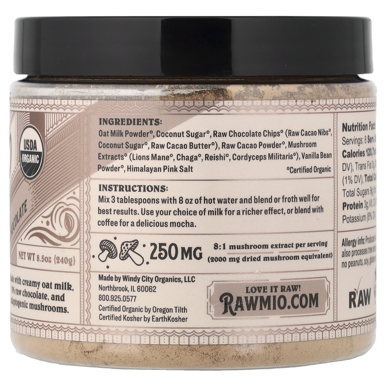 Rawmio, Горячий шоколад с овсяным молоком и грибами, 240 г (8,5 унции) (Товар снят с продажи) 