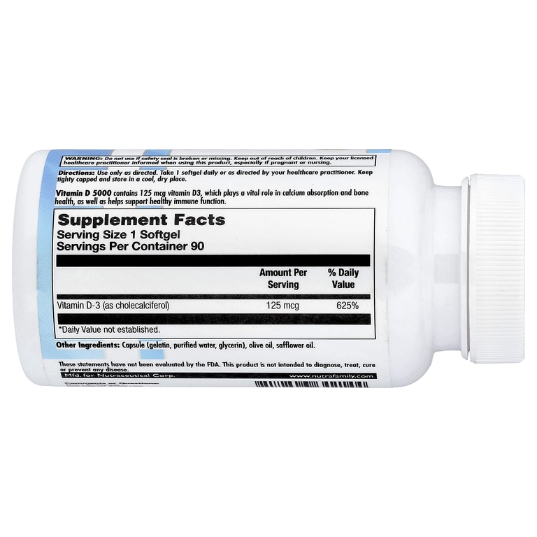 Nutra BioGenesis, витамин D 5000, 125 мкг, 90 мягких таблеток