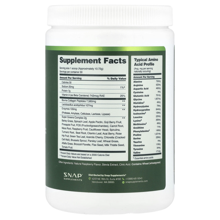 Snap Supplements, коллаген и зелень, со вкусом малины, 321,6 г (11,34 унции)