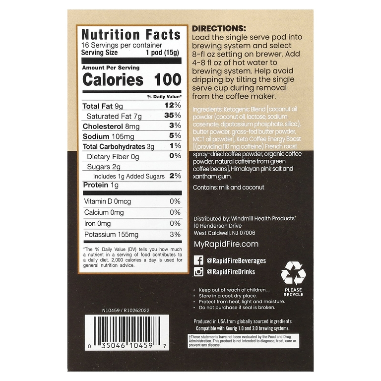 RAPIDFIRE , Keto Coffee Pods, оригинальная смесь, средней обжарки, 16 капсул по 15 г (0,53 унции)