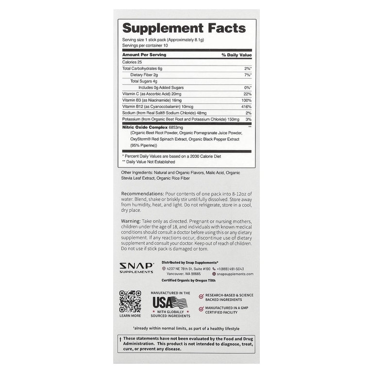 Snap Supplements, оксид азота, суперфуд для поддержки кровообращения, 3 в 1, ягодное ассорти, 10 стик-пакетов по 8,1 г (0,29 унции)