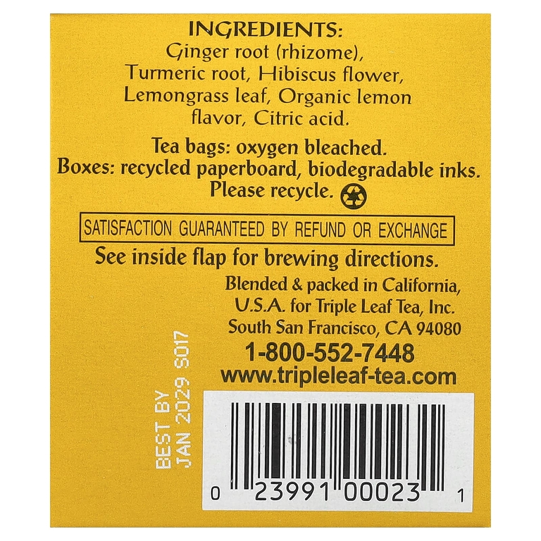 Triple Leaf Tea, чай с лимоном и имбирем, 20 чайных пакетиков, 40 г (1,41 унции)