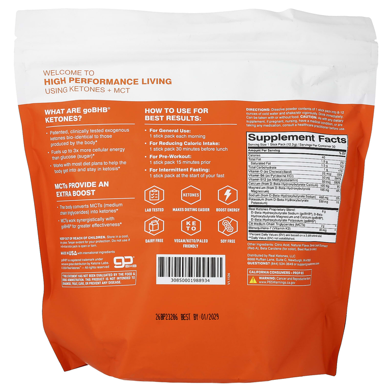 Real Ketones, Elevate, апельсин, 30 пакетиков со смесью для приготовления напитка, по 12,3 г (0,43 унции)