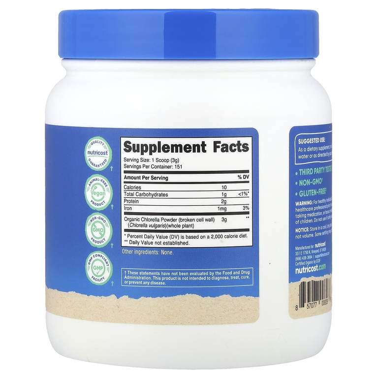Nutricost, органический порошок хлореллы, без добавок, 454 г (16,2 унции)