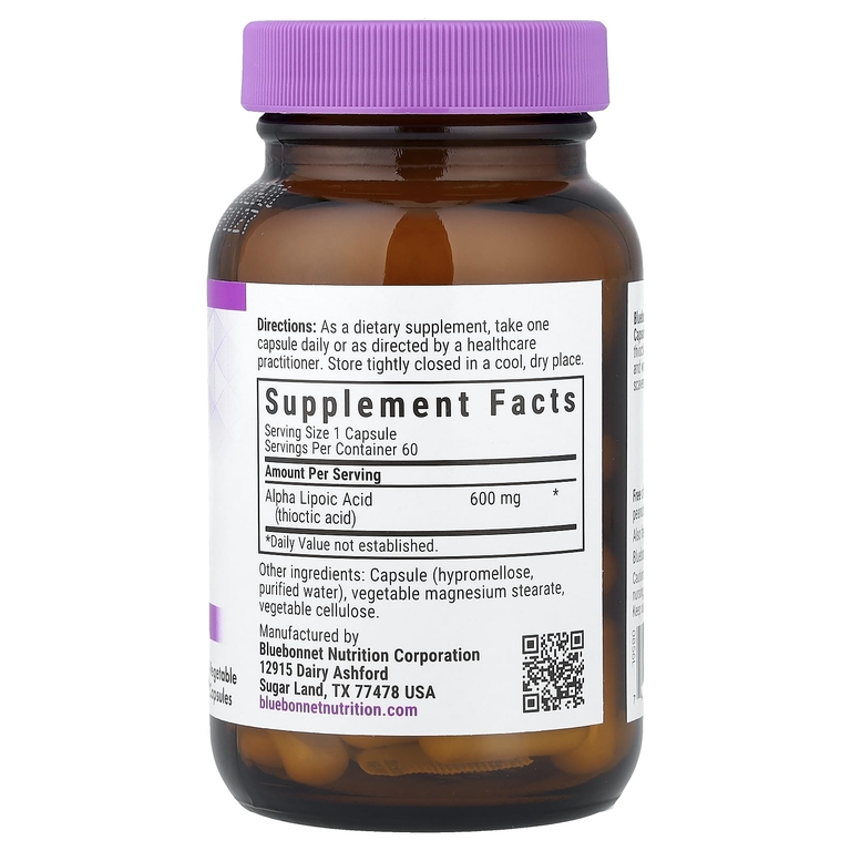 Bluebonnet Nutrition, Альфа-липоевая кислота, 600 мг, 60 растительных капсул