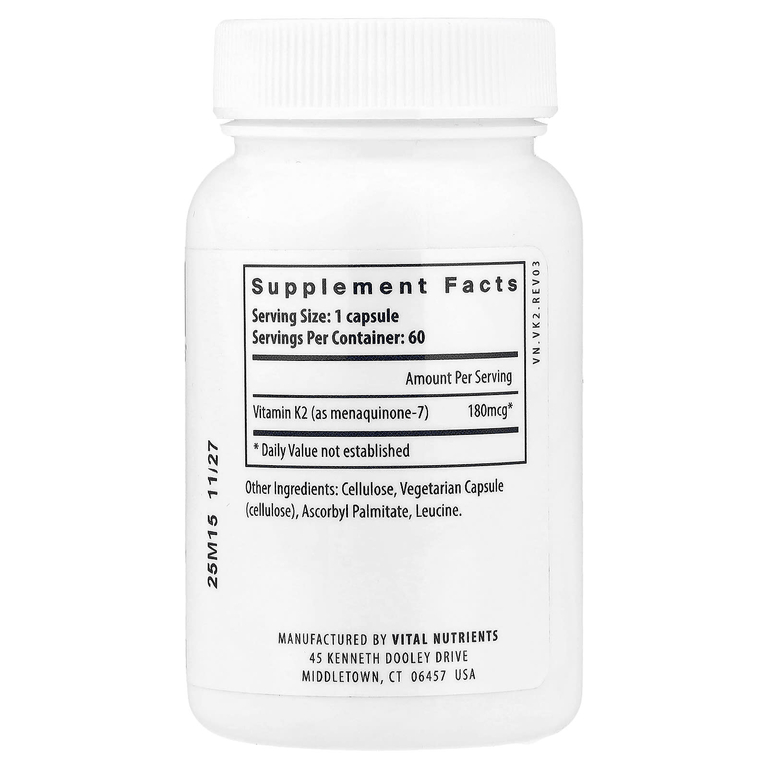 Vital Nutrients, Витамин K2-7, 60 веганских капсул (180 мкг в капсуле)