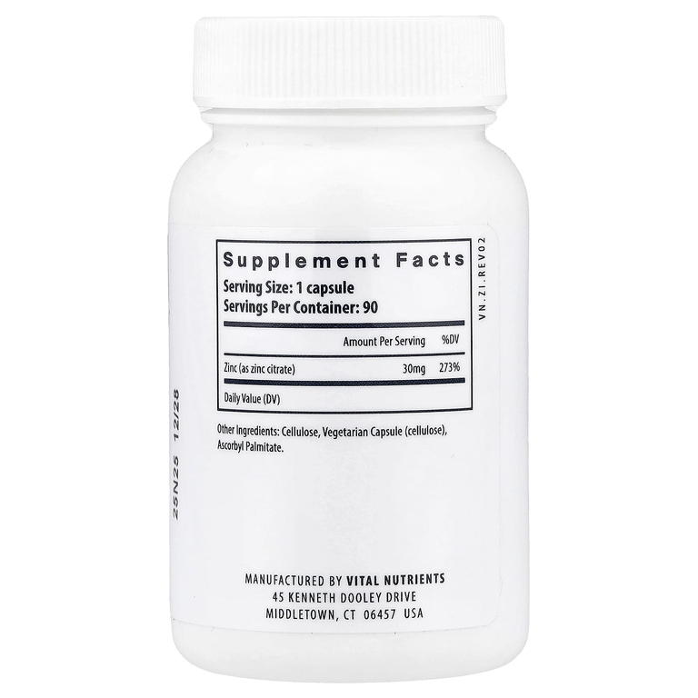 Vital Nutrients, Цинк (цитрат), 30 мг, 90 веганских капсул