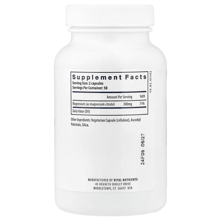 Vital Nutrients, цитрат магния, 100 веганских капсул (150 мг в 1 капсуле)