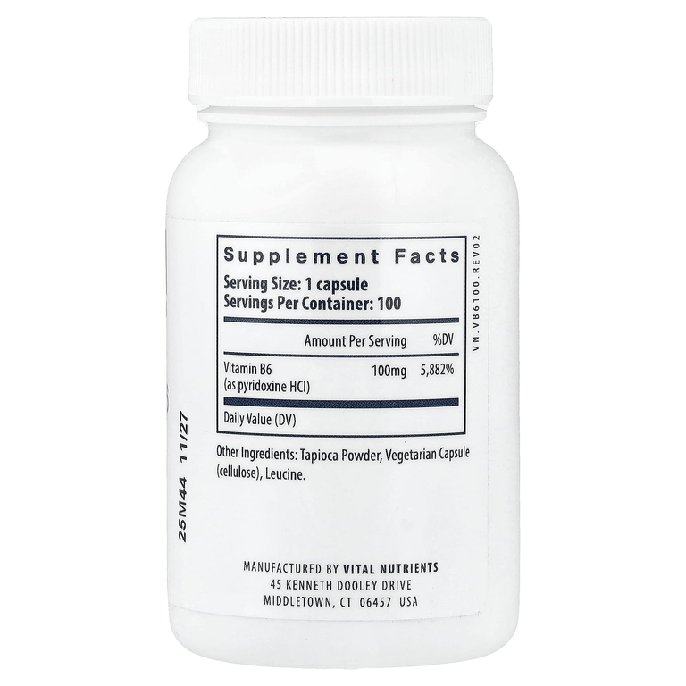 Vital Nutrients, Витамин B6, 100 веганских капсул (100 мг на капсулу)
