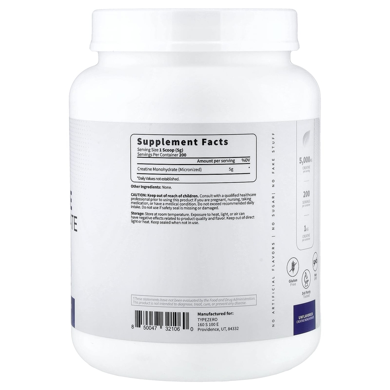 TypeZero, Clean, моногидрат креатина, без добавок, 1 кг (35 унций)