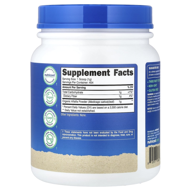 Nutricost, органический порошок из люцерны, без добавок, 454 г (16 унций)