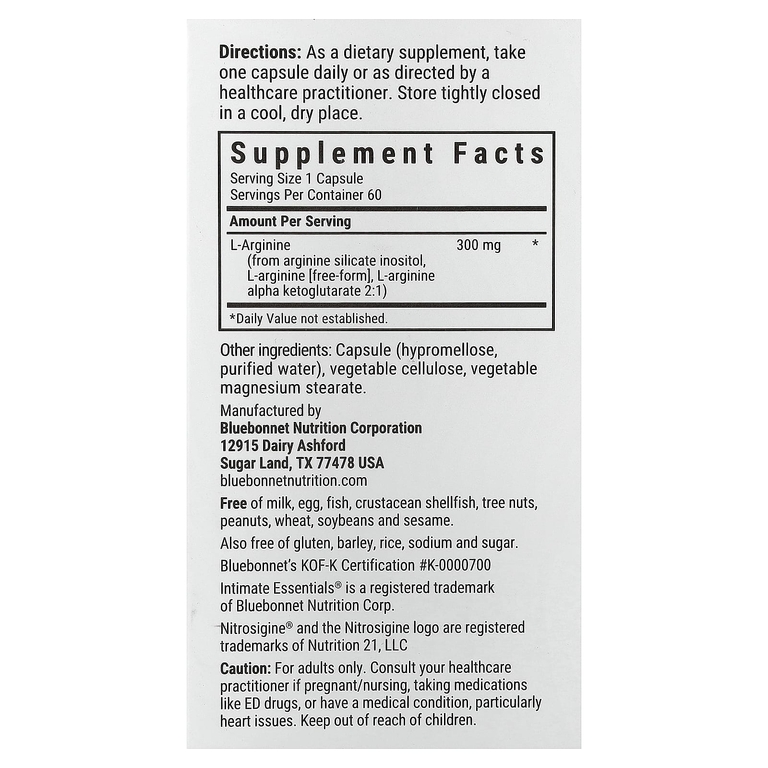 Bluebonnet Nutrition, Intimate Essentials®, Nitro, для мужчин и для нее, 60 растительных капсул (300 мг в 1 капсуле)