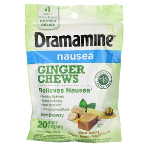 Dramamine, Nausea, жевательные таблетки с имбирем, лимоном, медом, имбирем, 20 жевательных таблеток (Товар снят с продажи) 