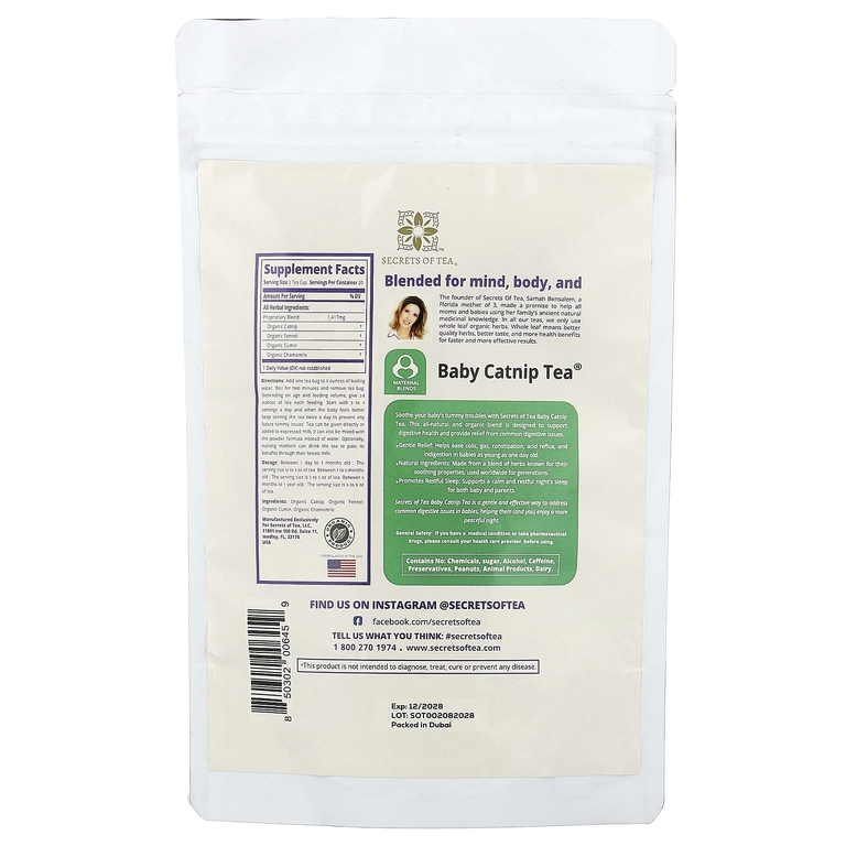 Secrets of Tea, Organic Baby Catnip Tea®, без кофеина, 20 неотбеленных чайных пакетиков, 28 г (1 унция)