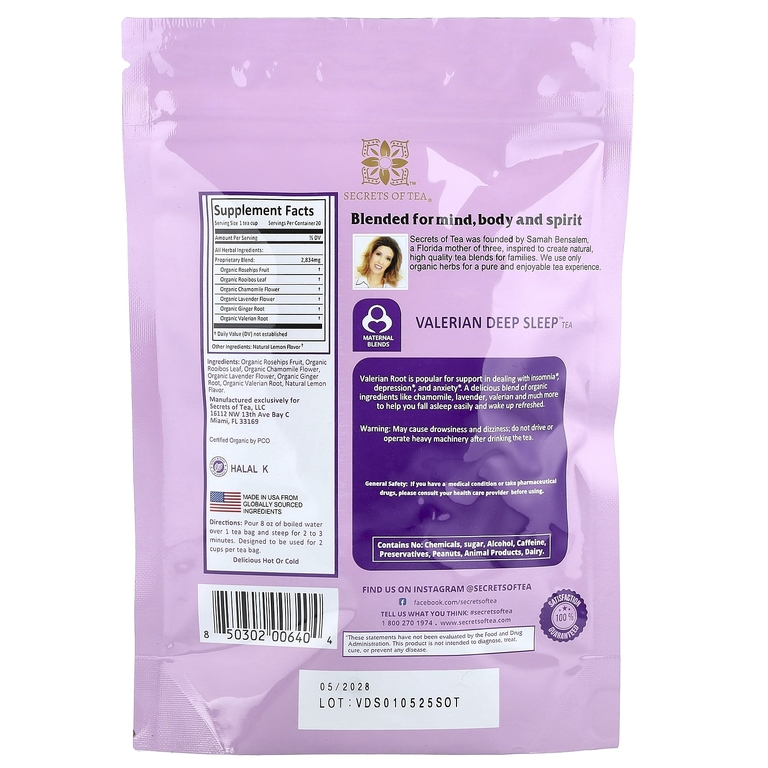 Secrets of Tea, органический чай валериана Deep Sleep™, без кофеина, 20 чайных пакетиков, 40 г (1,4 унции)