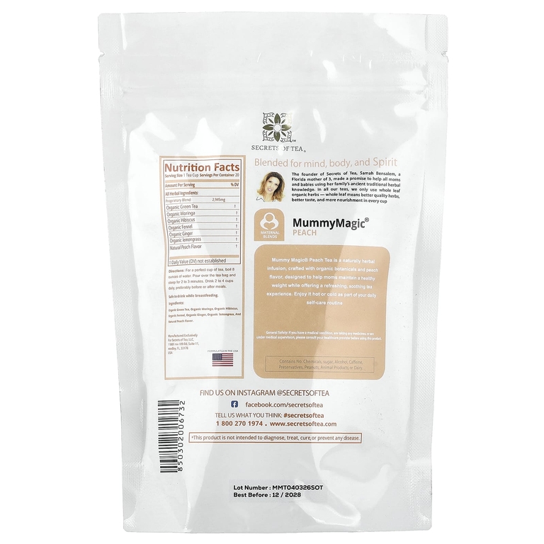 Secrets of Tea, Mummy Magic®, чай с персиком, 20 чайных пакетиков, 41 г (1,47 унции)