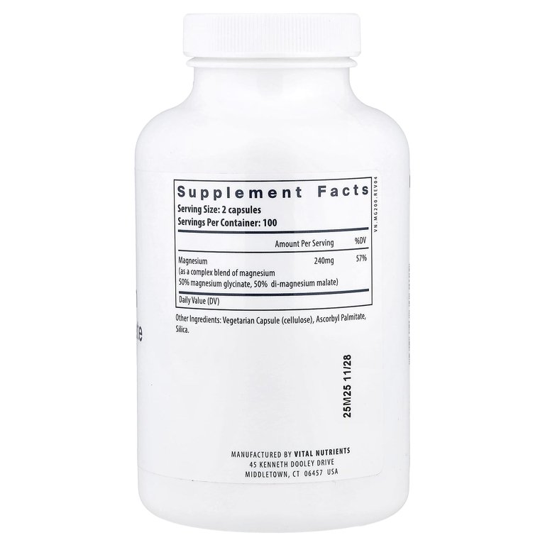 Vital Nutrients, глицинат магния с малатом, 200 веганских капсул (120 мг в 1 капсуле)