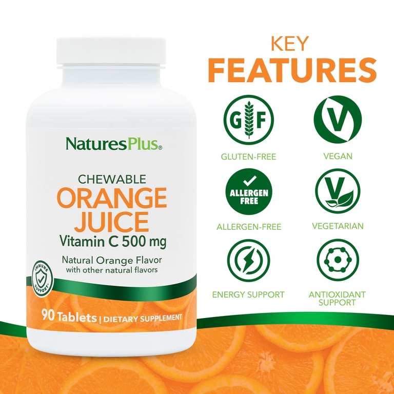 NaturesPlus, жевательный апельсиновый сок, витамин C, натуральный апельсин, 90 таблеток