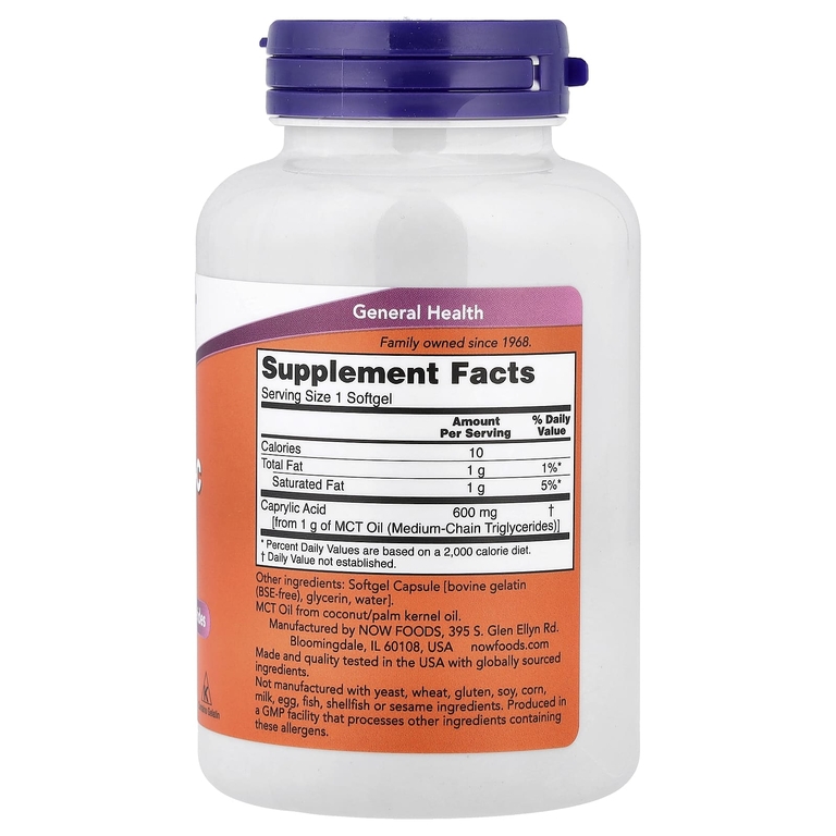 NOW Foods, каприловая кислота, 600 мг, 100 мягких таблеток